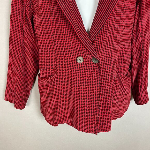 Vintage Silk Blazer Top John Yang Double Breasted Red Black Houndstooth 1980s - Picture 6 of 15
